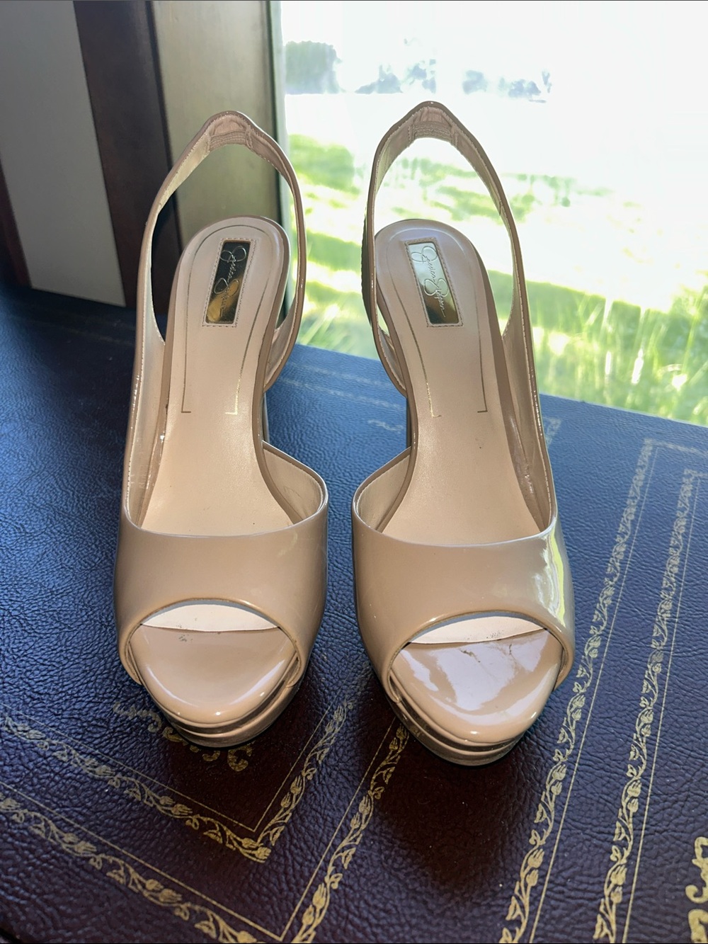 Jessica Simpson Nude Patent Peep-Toe Slingback Heels